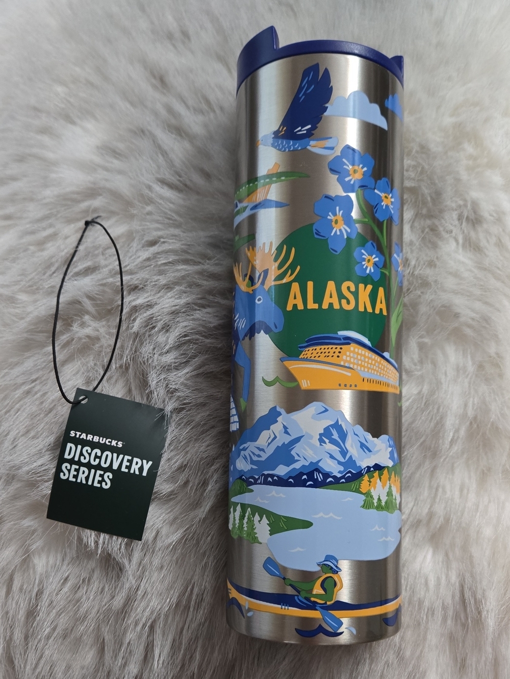 Starbucks Stainless Travel Tumbler with Blue and Yellow Alaska Design 16oz